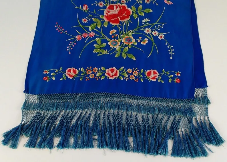 1920s Royal Blue Silk Embroidered Piano Shawl