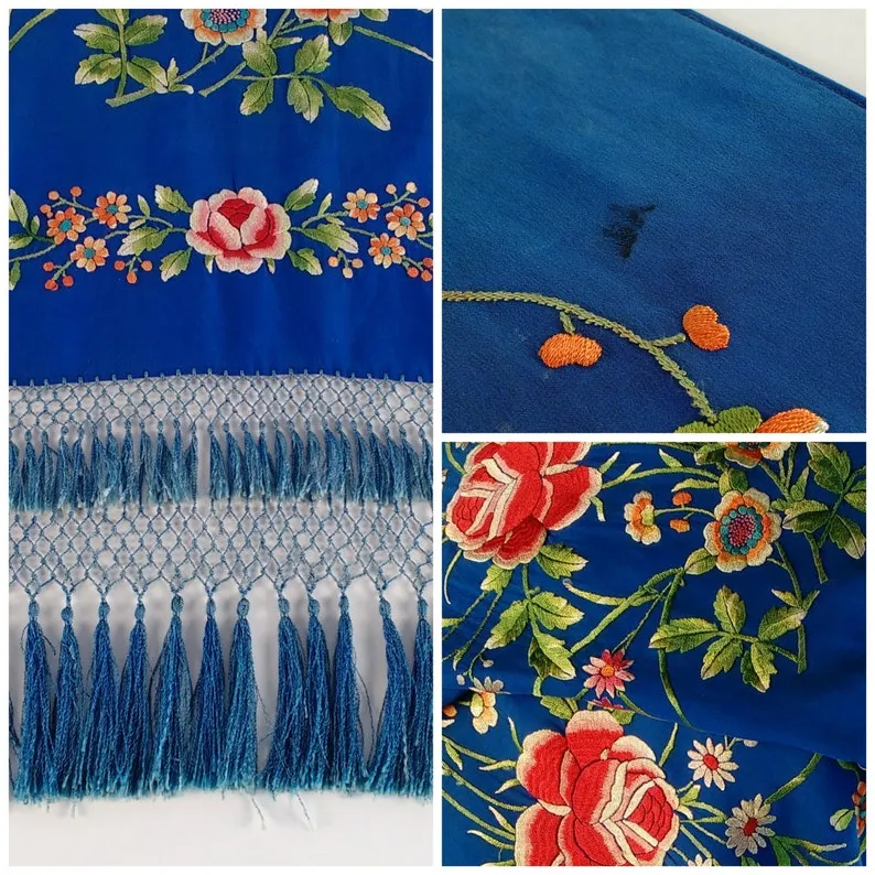 1920s Royal Blue Silk Embroidered Piano Shawl