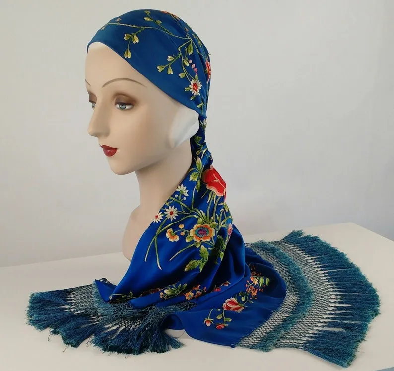 1920s Royal Blue Silk Embroidered Piano Shawl