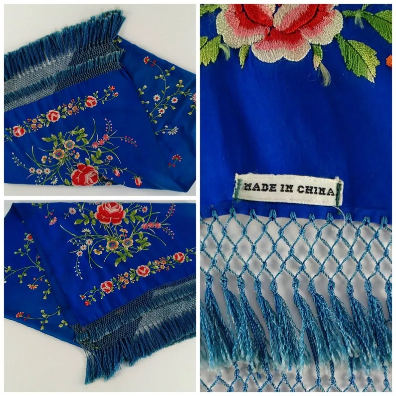 1920s Royal Blue Silk Embroidered Piano Shawl