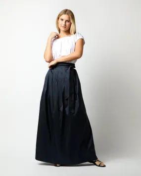 Ann Mashburn Pleated Wrap Skirt Navy Silk Shantung