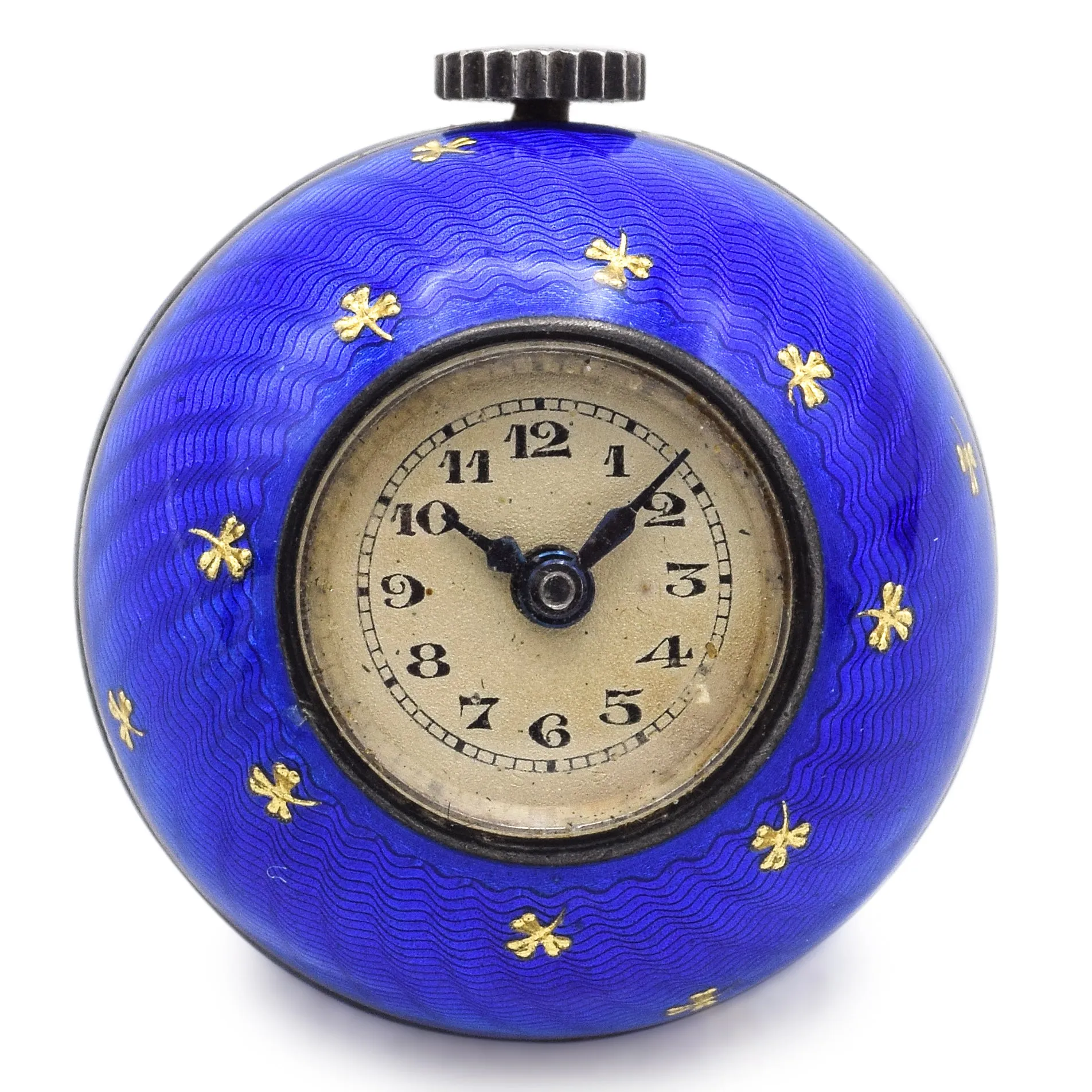 Antique Sterling Silver Blue Enamel Guilloche Ball Pendant Watch Abra Swiss Movement