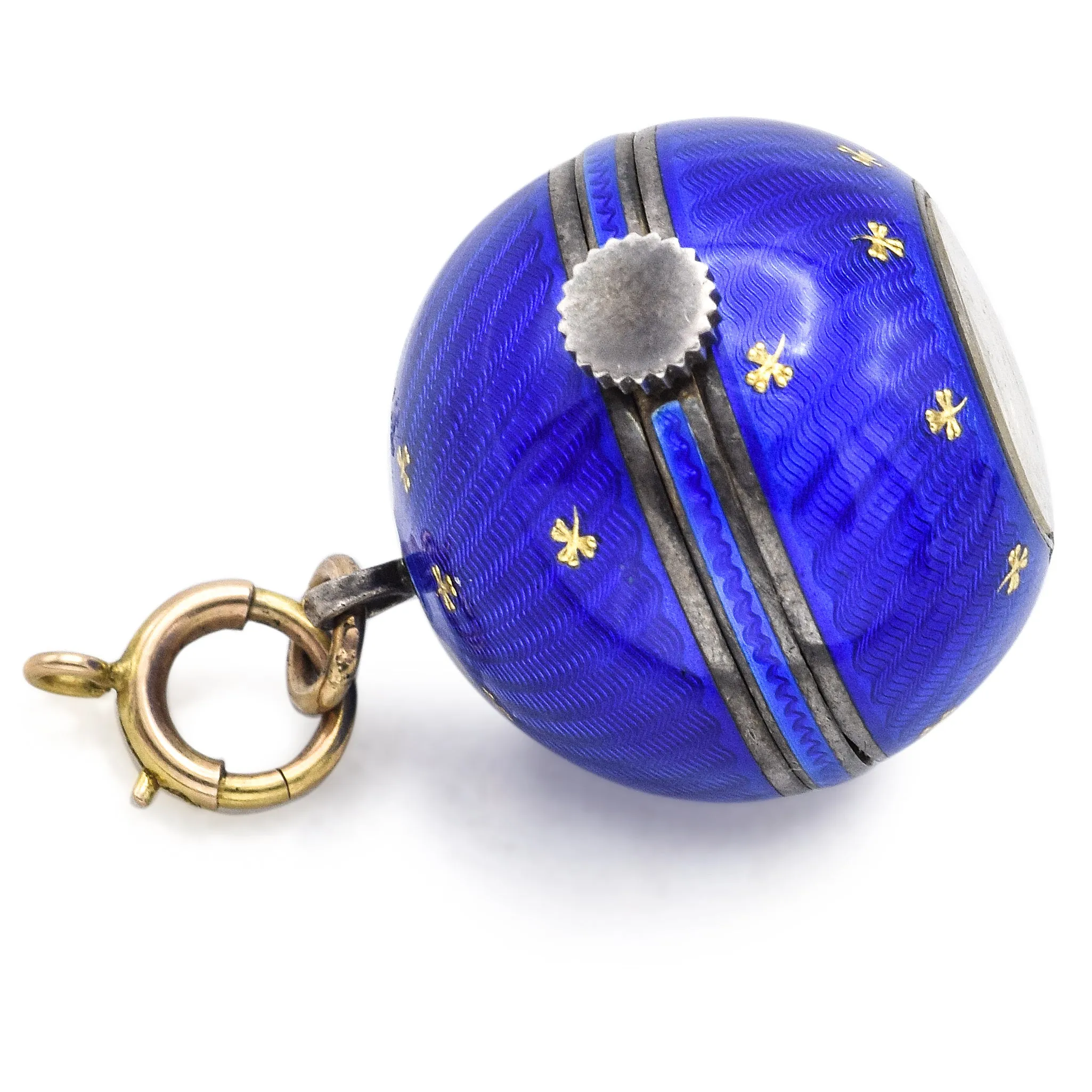 Antique Sterling Silver Blue Enamel Guilloche Ball Pendant Watch Abra Swiss Movement