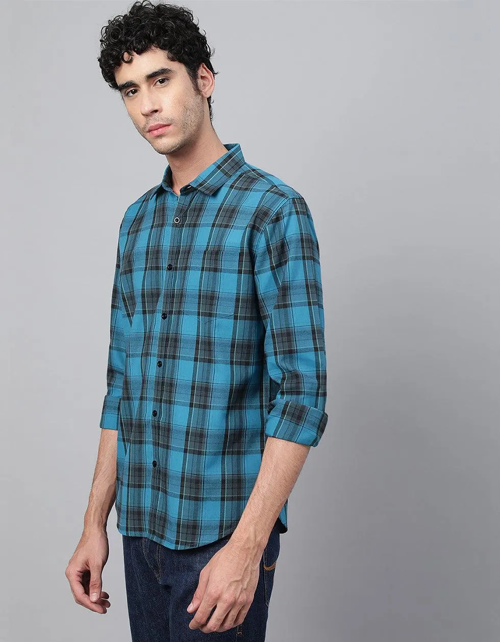 Aqua Green Checks Printed Shirt