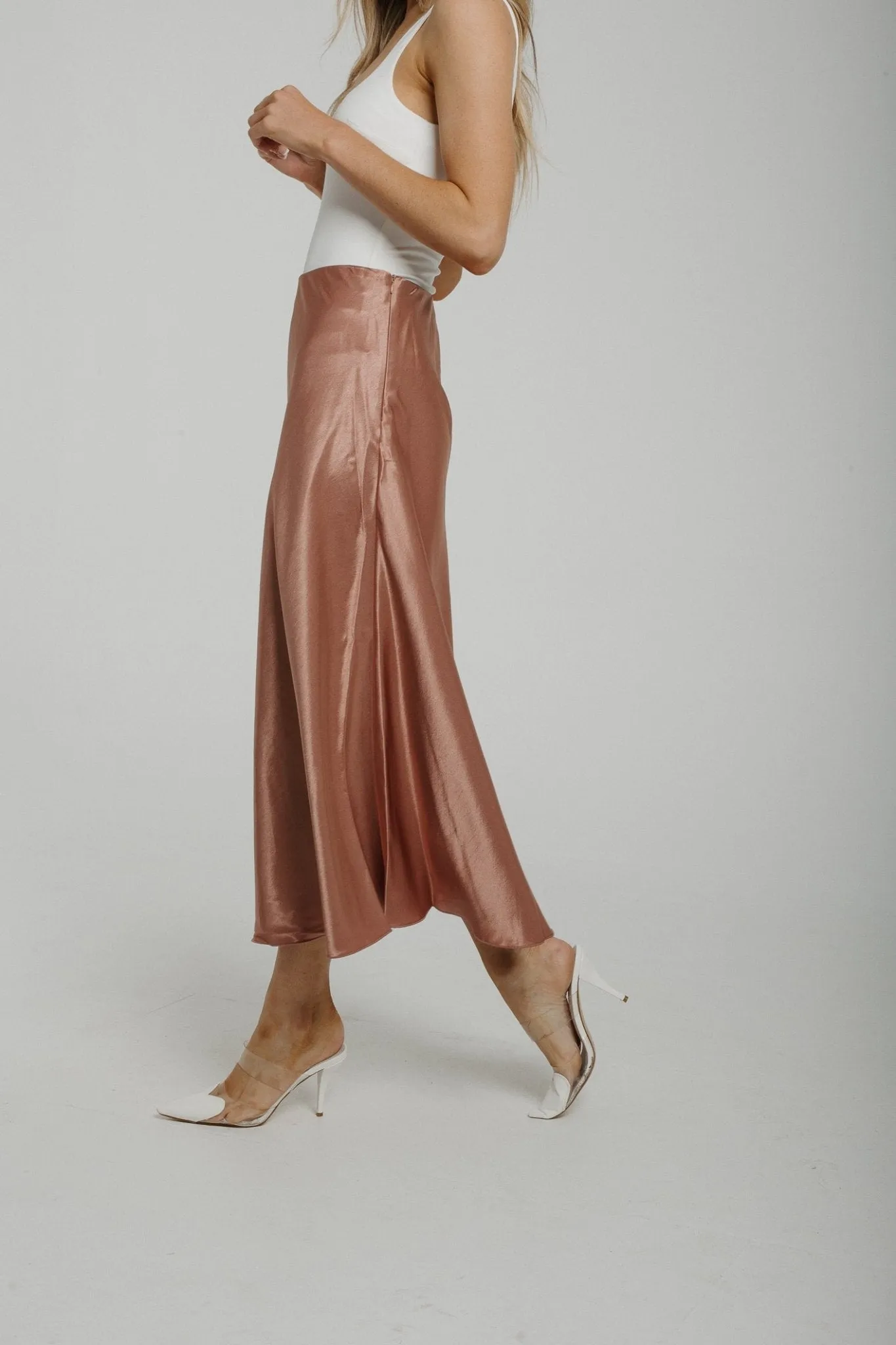 Becca Satin Slip Skirt In Dusky Pink