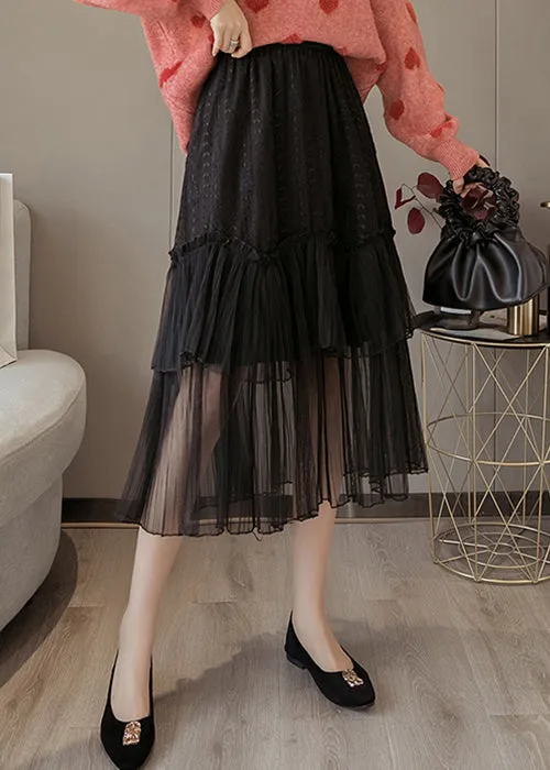 Black Solid Lace Patchwork Chiffon Skirts Elastic Waist AS1041