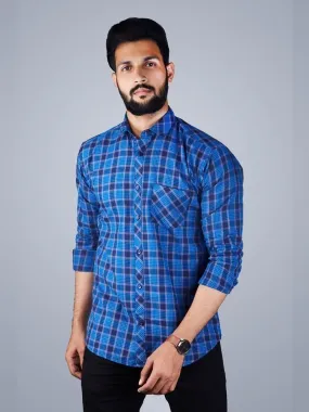 Blue Check Shirt - Checkered Spread Collar Cotton Blue Shirt