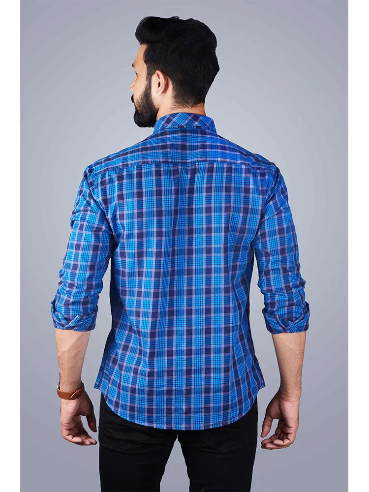 Blue Check Shirt - Checkered Spread Collar Cotton Blue Shirt