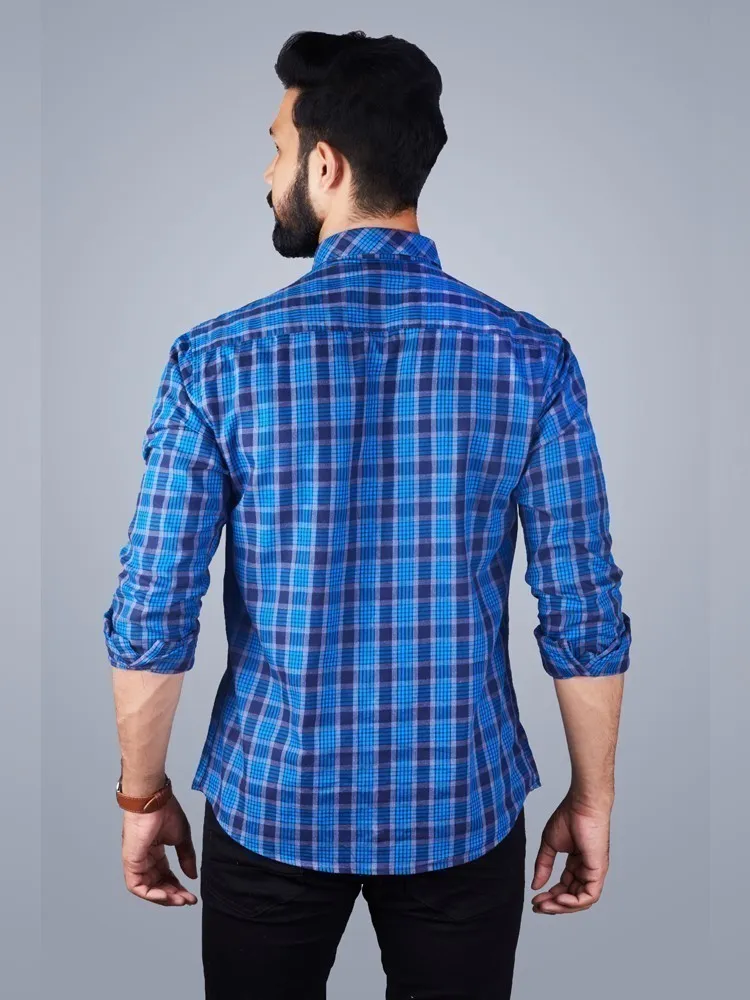 Blue Check Shirt - Checkered Spread Collar Cotton Blue Shirt