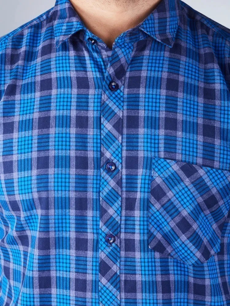 Blue Check Shirt - Checkered Spread Collar Cotton Blue Shirt