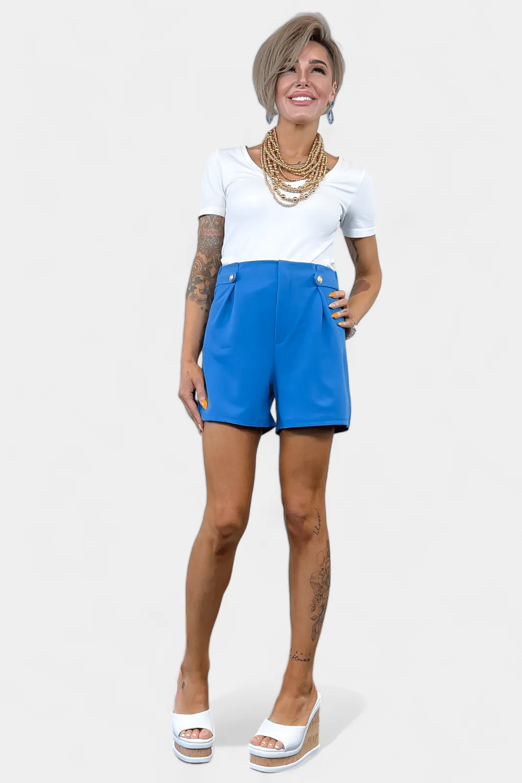 Blue Front Pleat Button Shorts [NO RETURNS]