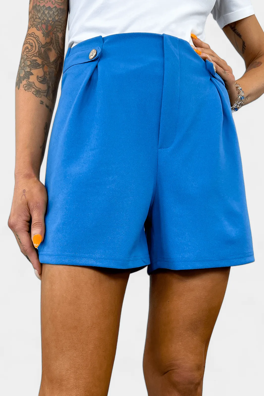 Blue Front Pleat Button Shorts [NO RETURNS]