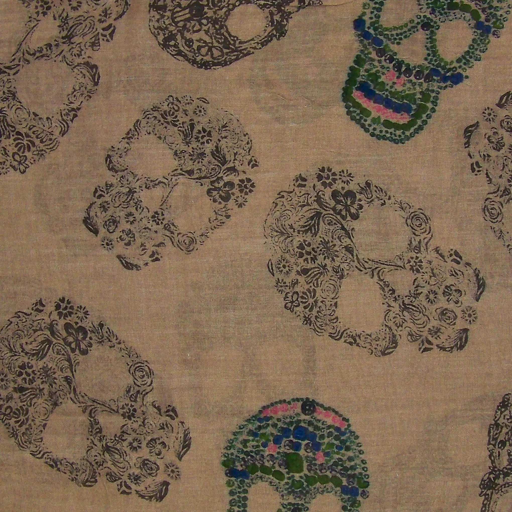 Blue Pacific Frida Cashmere and Silk Sugar Skull Neckerchief Scarf in Taupe