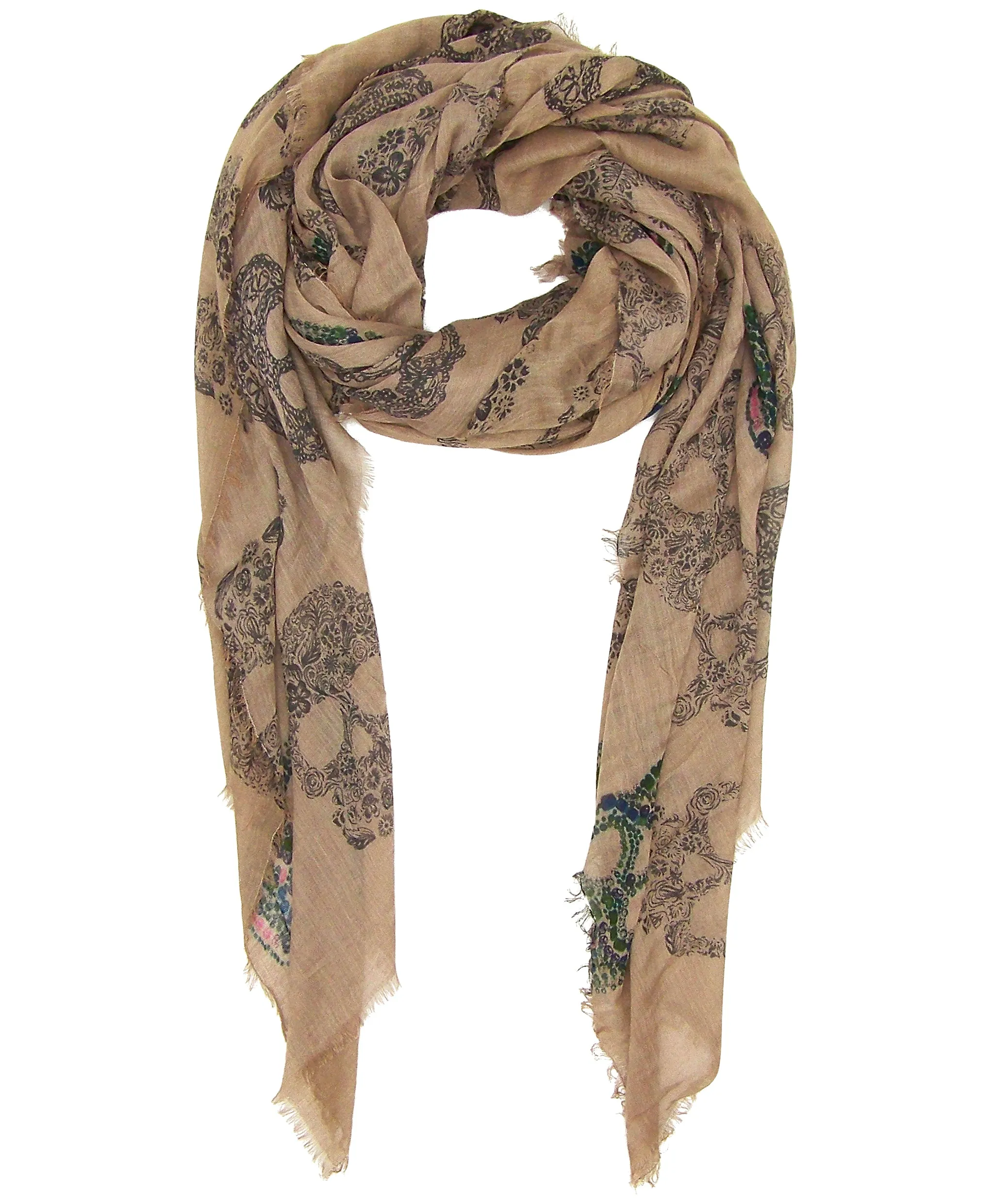 Blue Pacific Frida Cashmere and Silk Sugar Skull Neckerchief Scarf in Taupe