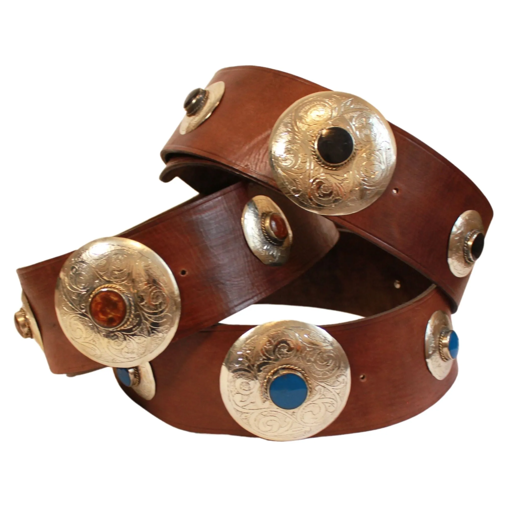 Brown Leather Belt with Blue Metal Details