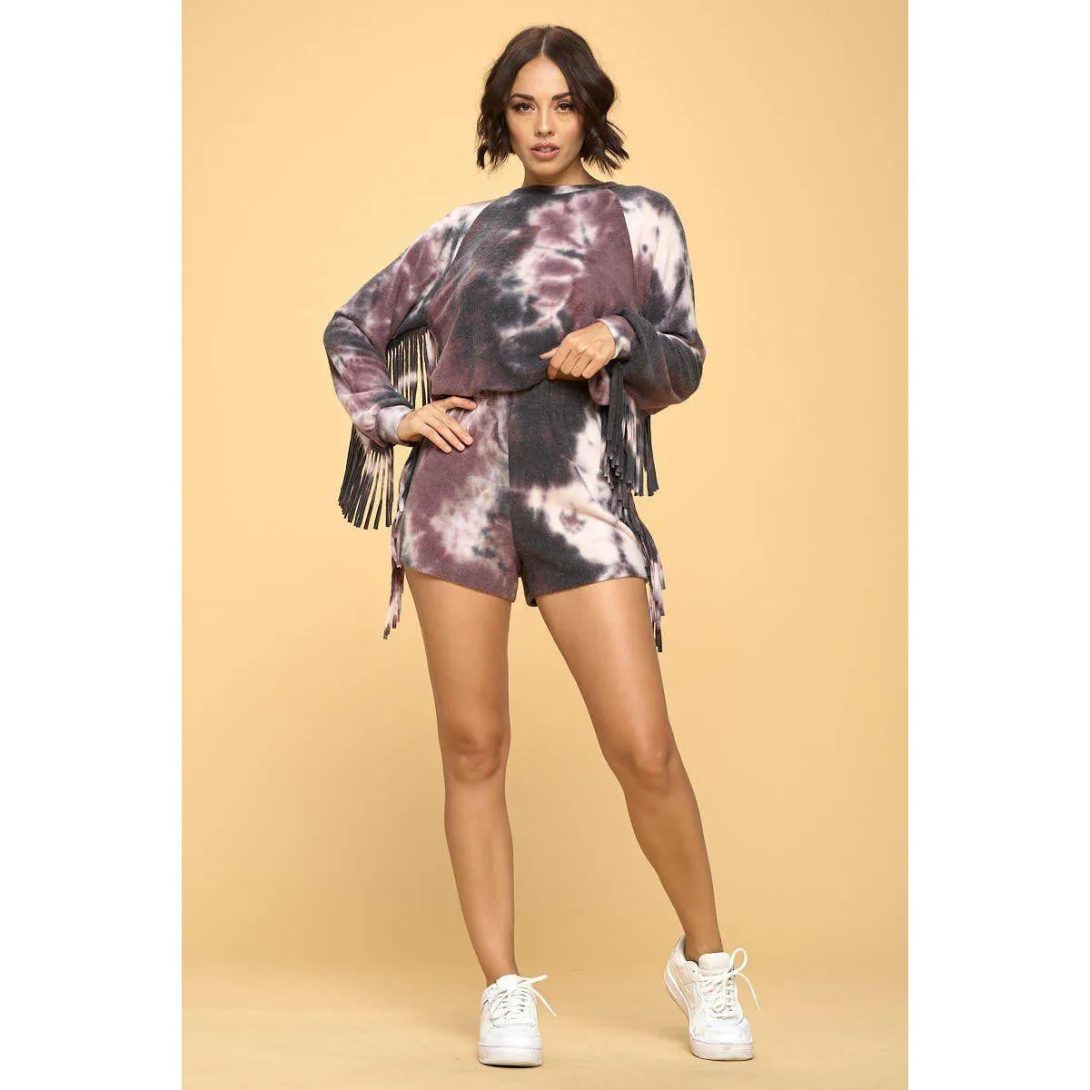 Casual Tie Die Print Top And Shorts Set