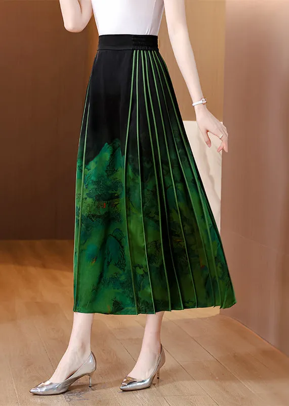 Chinese Style Blackish Green Wrinkled Print Silk Skirts Spring QQ1031