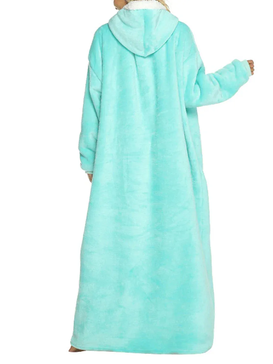 Cozy Women's Lake Blue and Black Plush Hooded Blanket Pajama Set