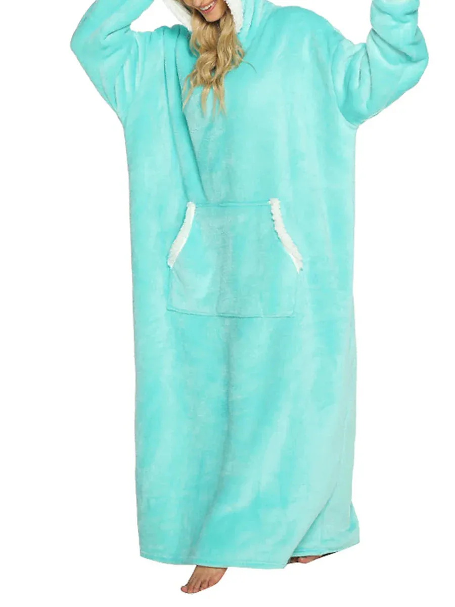 Cozy Women's Lake Blue and Black Plush Hooded Blanket Pajama Set