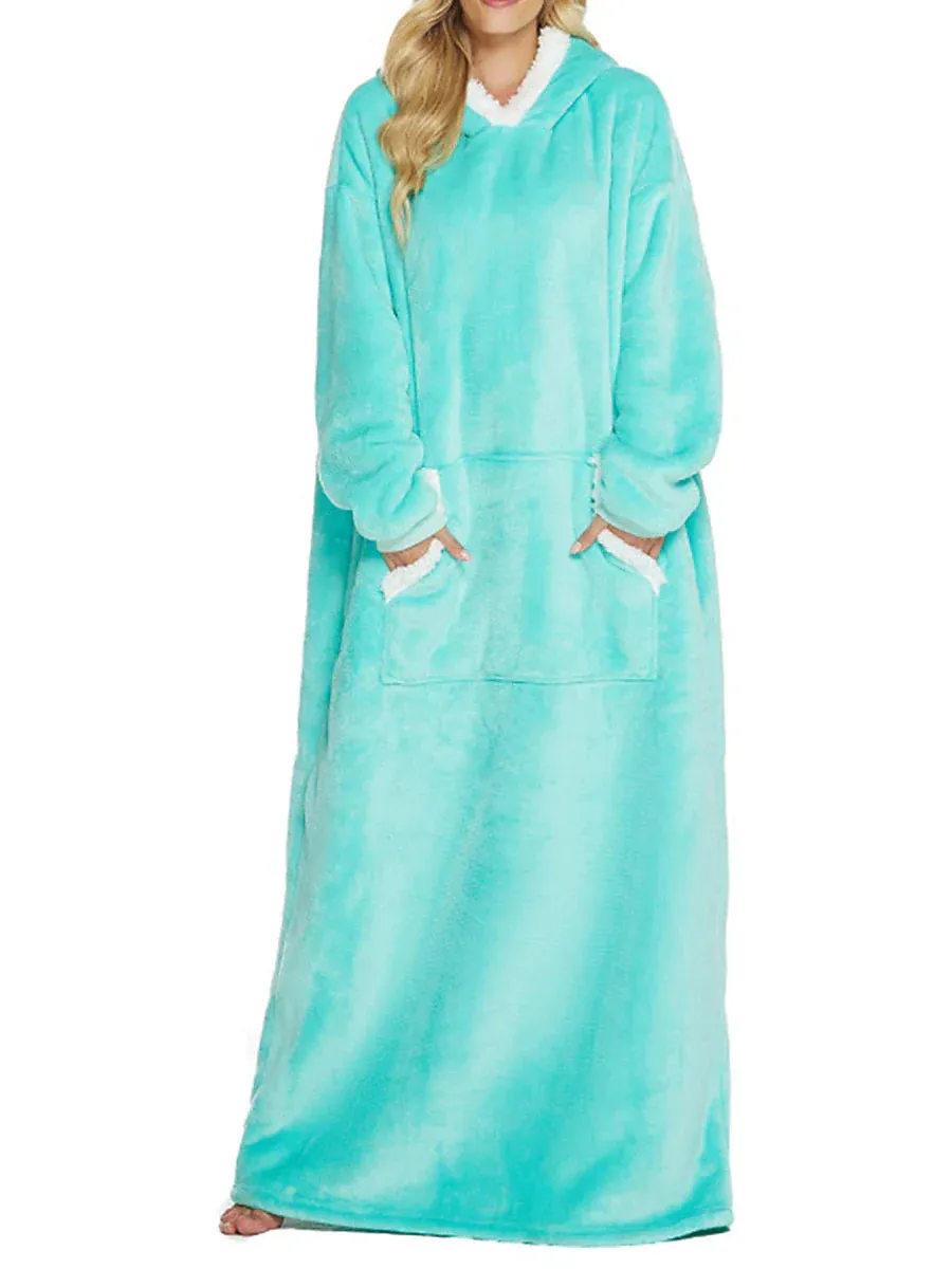 Cozy Women's Lake Blue and Black Plush Hooded Blanket Pajama Set