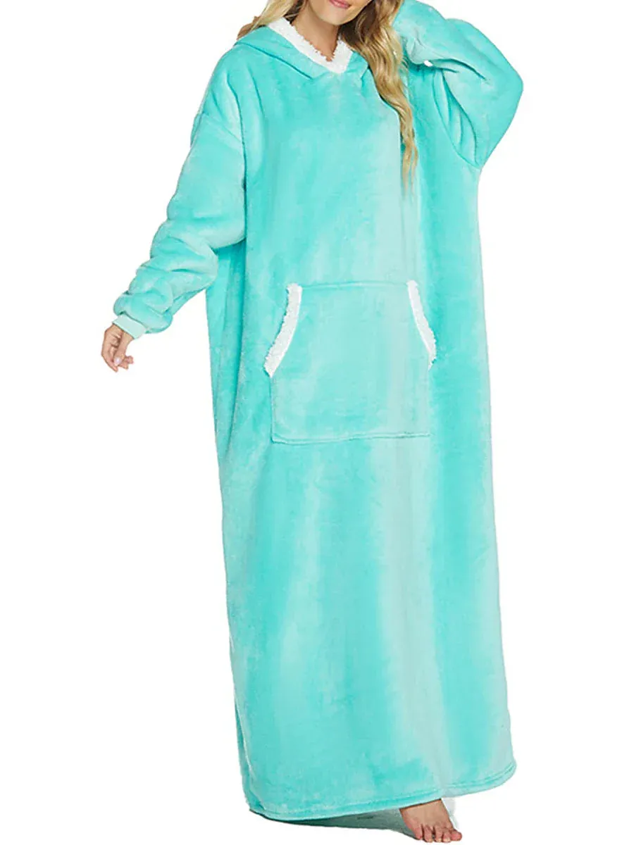 Cozy Women's Lake Blue and Black Plush Hooded Blanket Pajama Set