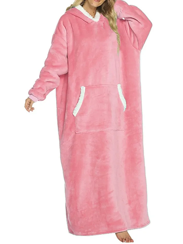 Cozy Women's Lake Blue and Black Plush Hooded Blanket Pajama Set