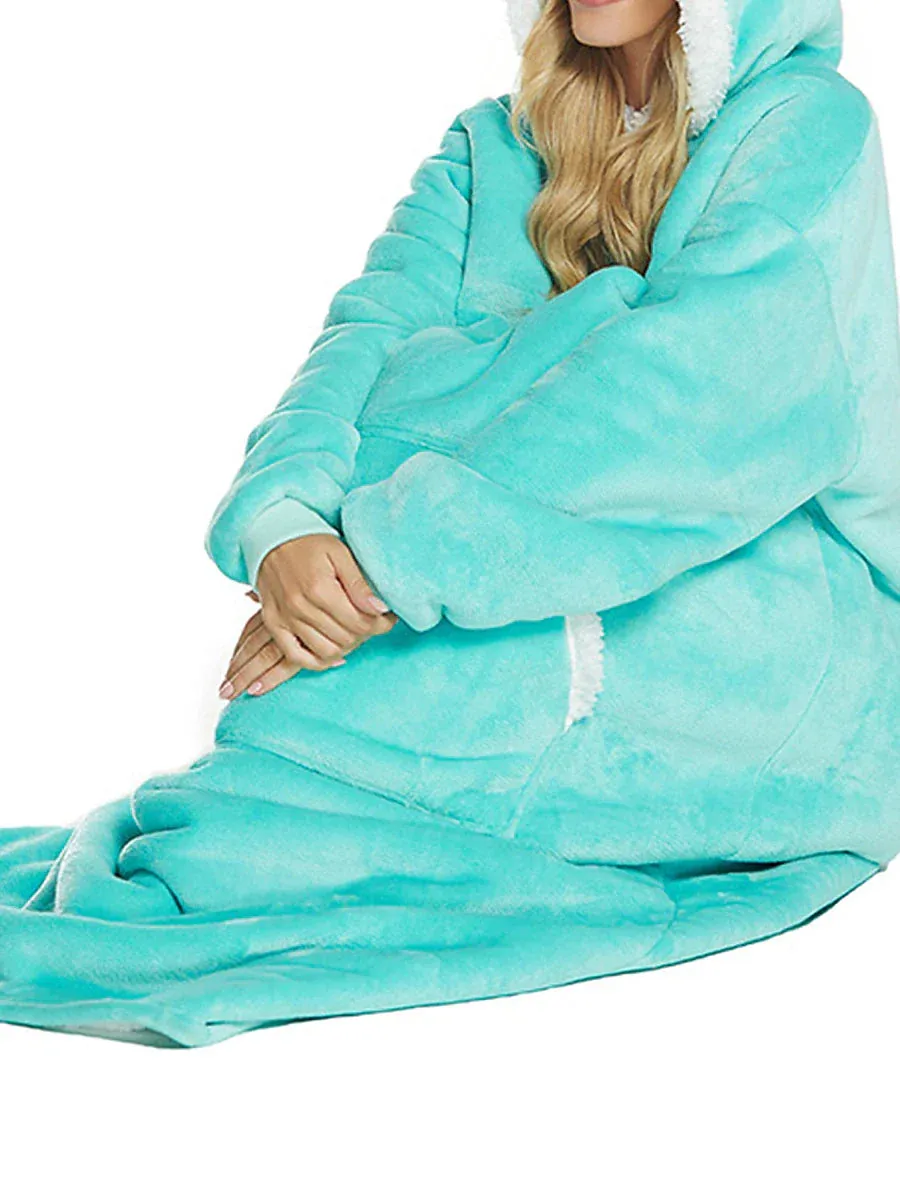 Cozy Women's Lake Blue and Black Plush Hooded Blanket Pajama Set