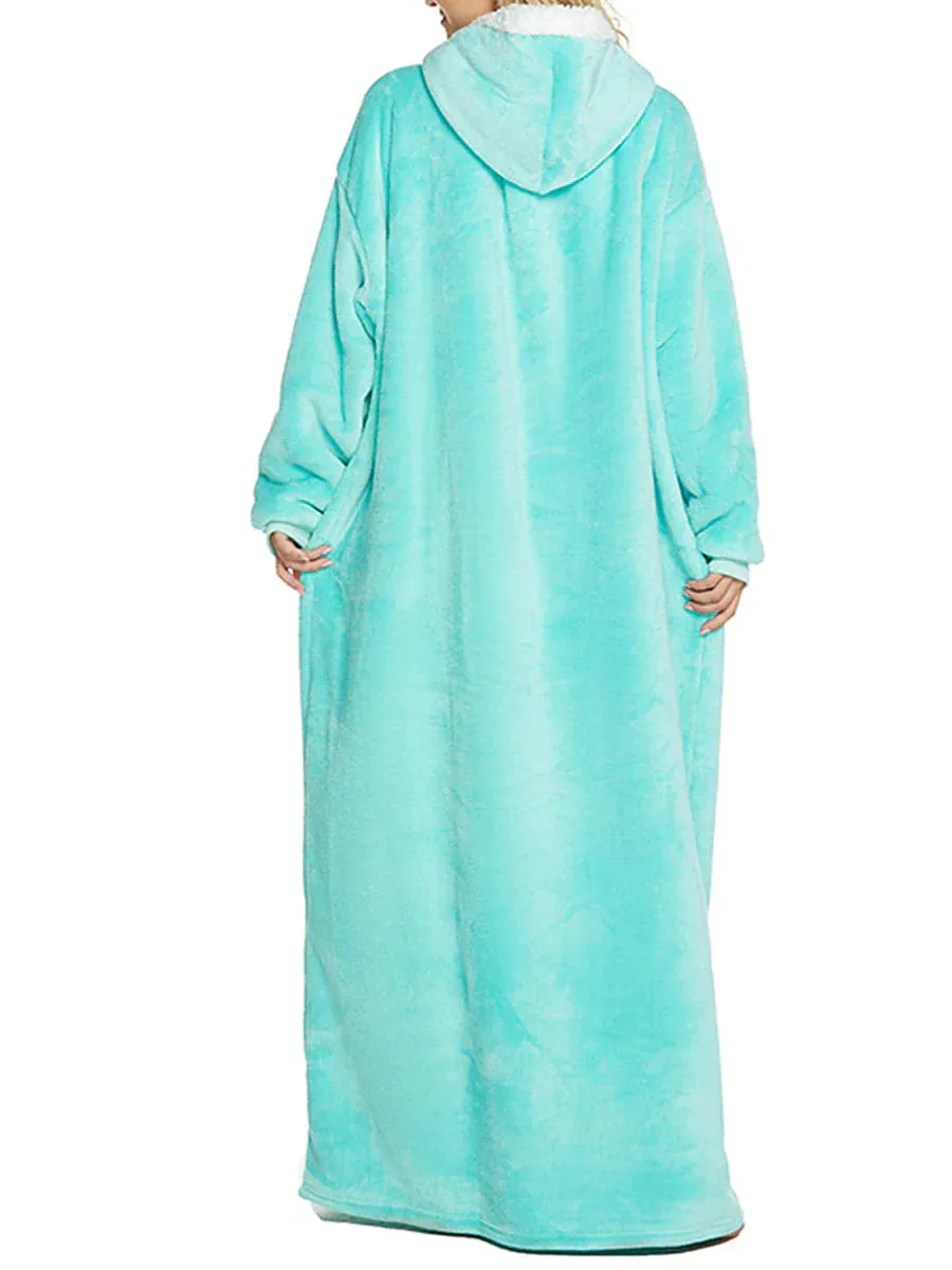 Cozy Women's Lake Blue and Black Plush Hooded Blanket Pajama Set