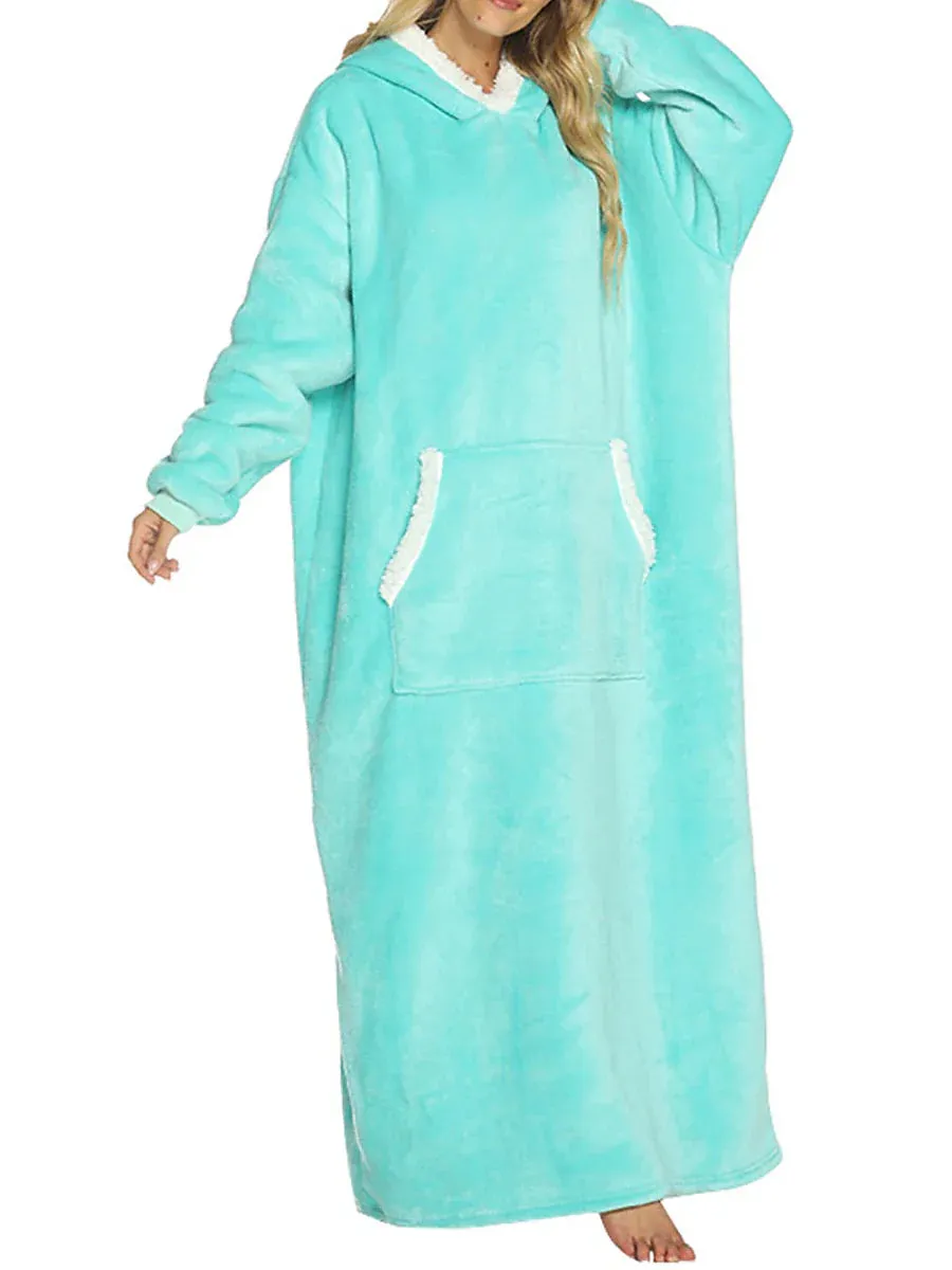 Cozy Women's Lake Blue and Black Plush Hooded Blanket Pajama Set