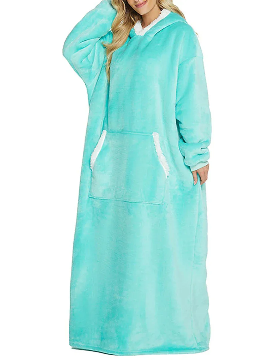 Cozy Women's Lake Blue and Black Plush Hooded Blanket Pajama Set