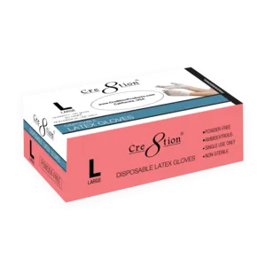 Cre8tion Disposable Latex Gloves (Made In Malaysia), Powder-Free, Size L, 10089 (Packing: 100 pcs/box, 10 boxes/case)