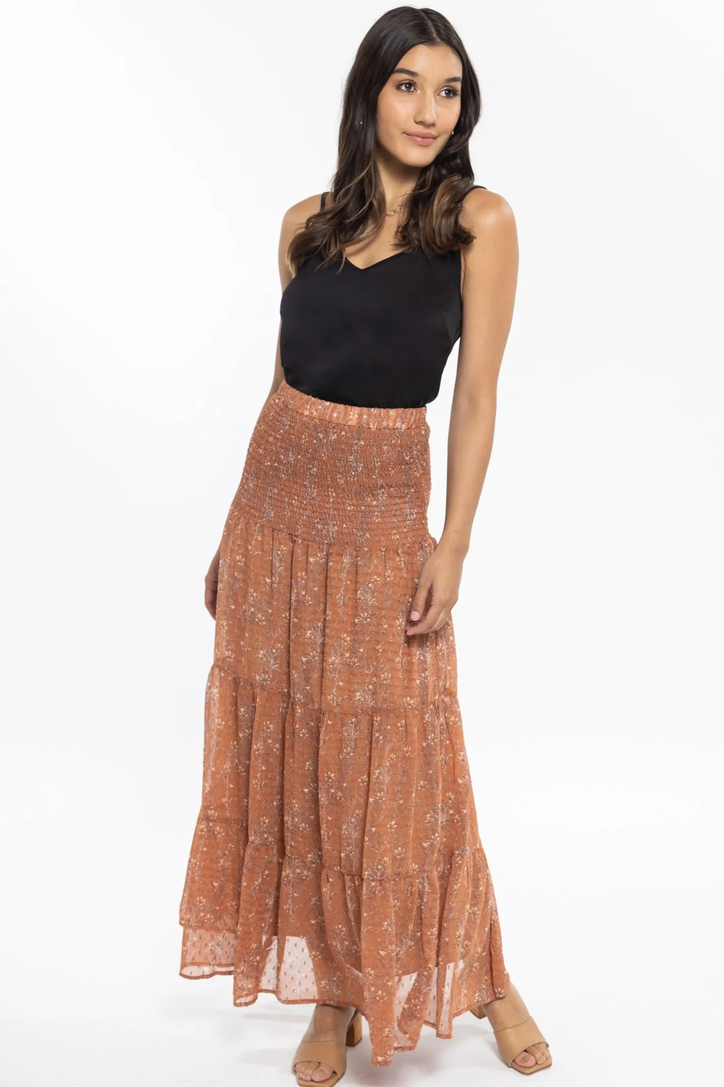 Creative Cinnamon Floral Dobby Shirred Waist Tiered Maxi Skirt