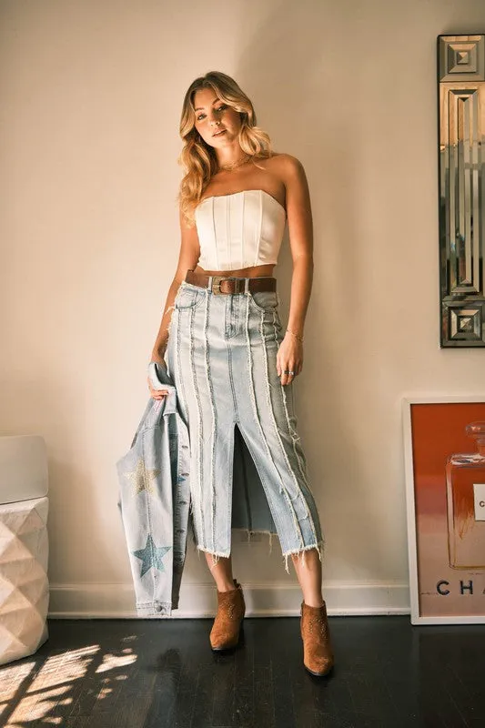 Distressed Seam Slit at Front Maxi Denim Skirt