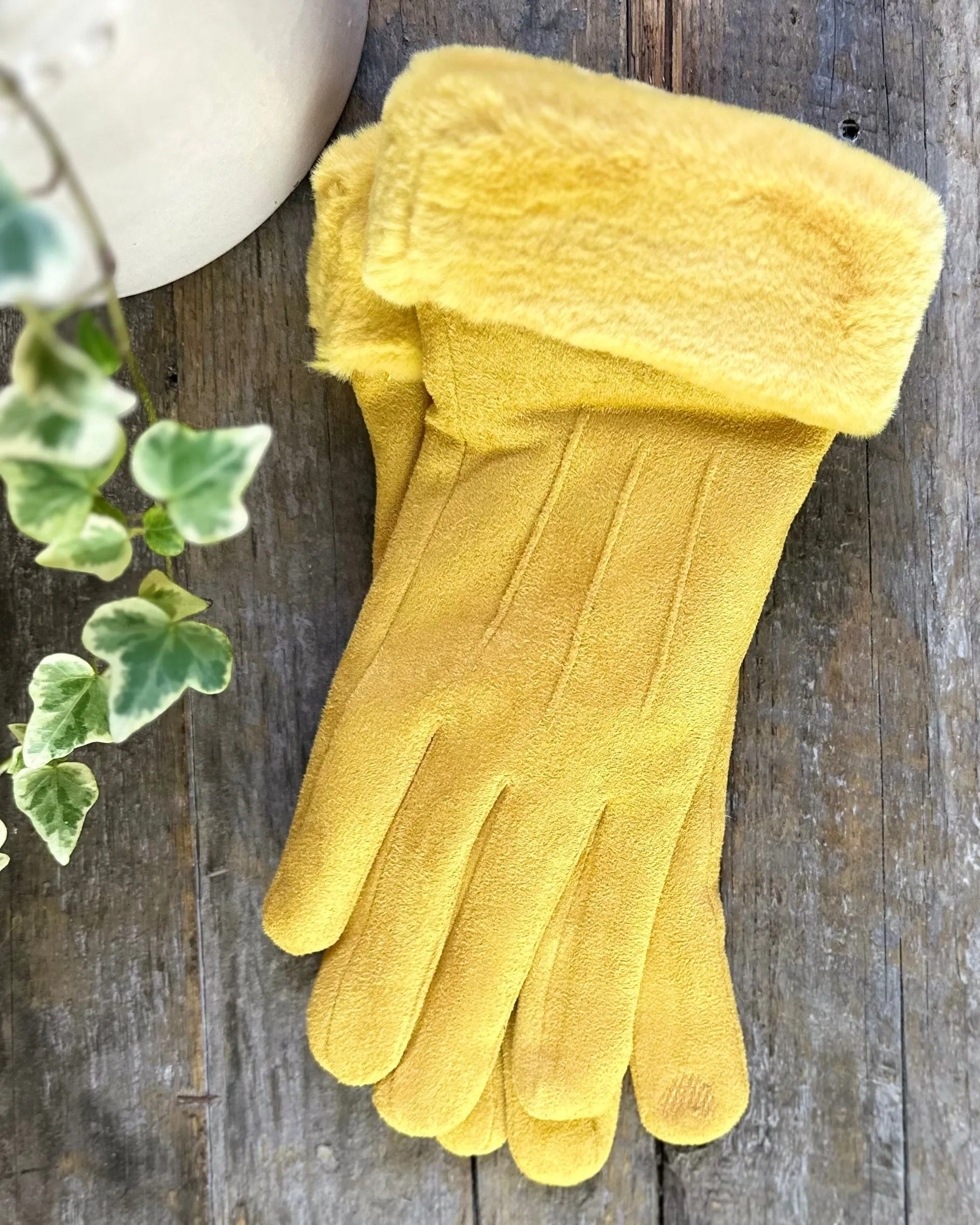 Faux Suede Gloves - Mustard