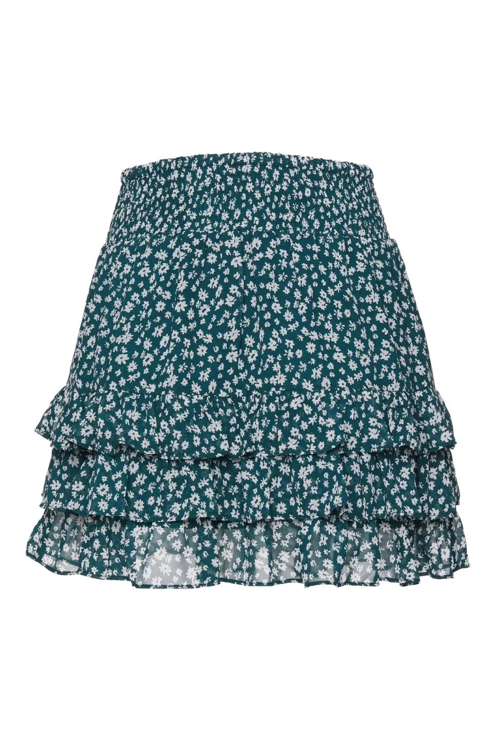 Fiesta Emerald Floral Shirred Ruffle Hem Mini Skirt