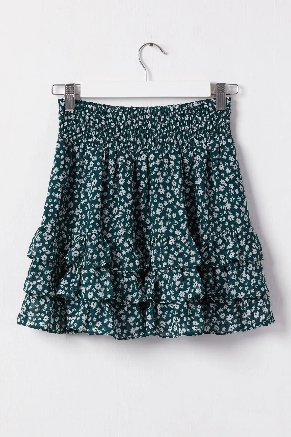 Fiesta Emerald Floral Shirred Ruffle Hem Mini Skirt