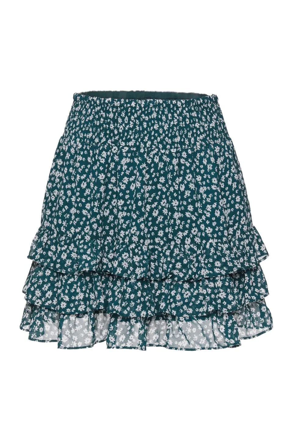 Fiesta Emerald Floral Shirred Ruffle Hem Mini Skirt