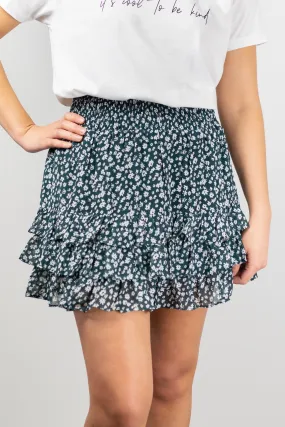 Fiesta Emerald Floral Shirred Ruffle Hem Mini Skirt