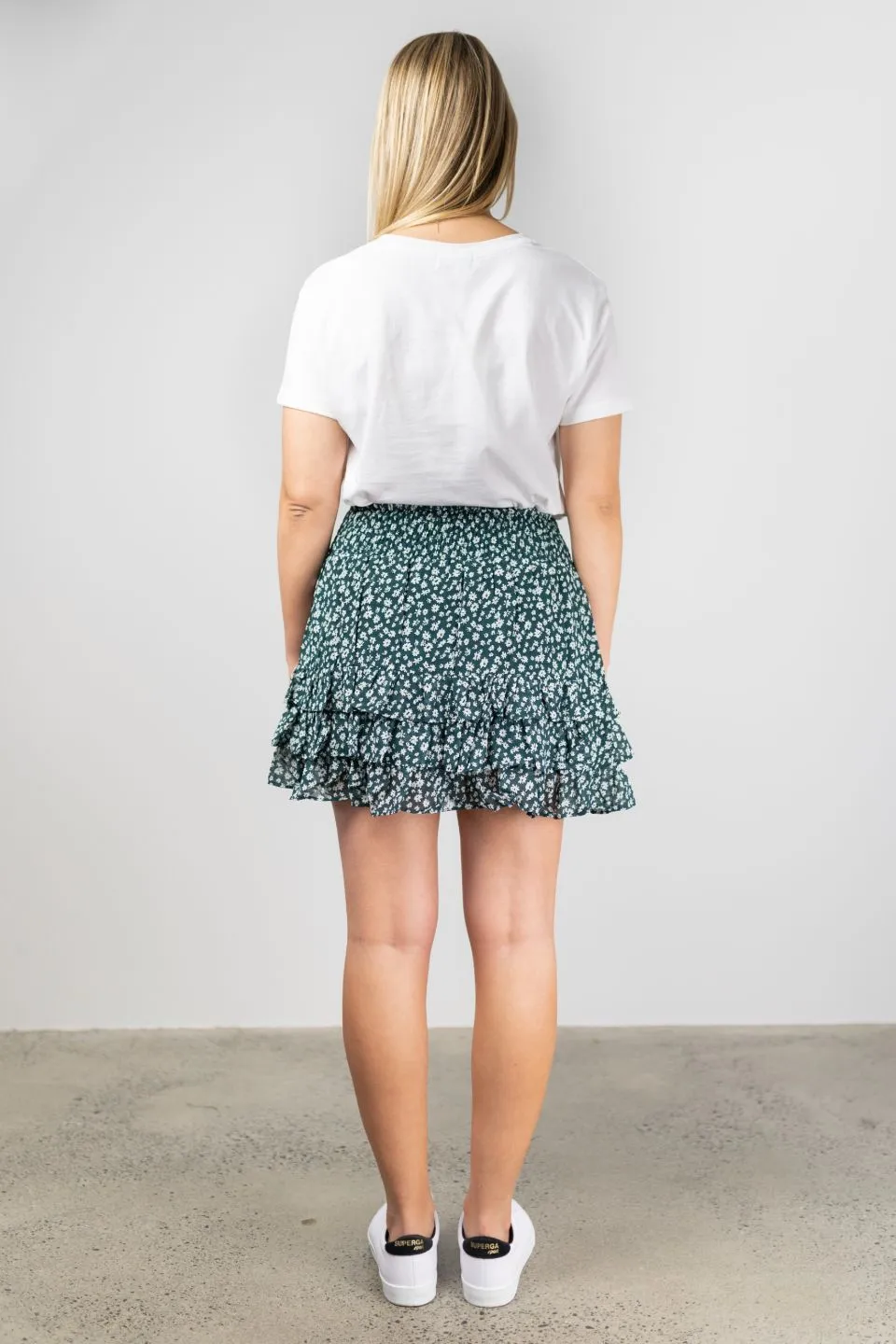 Fiesta Emerald Floral Shirred Ruffle Hem Mini Skirt