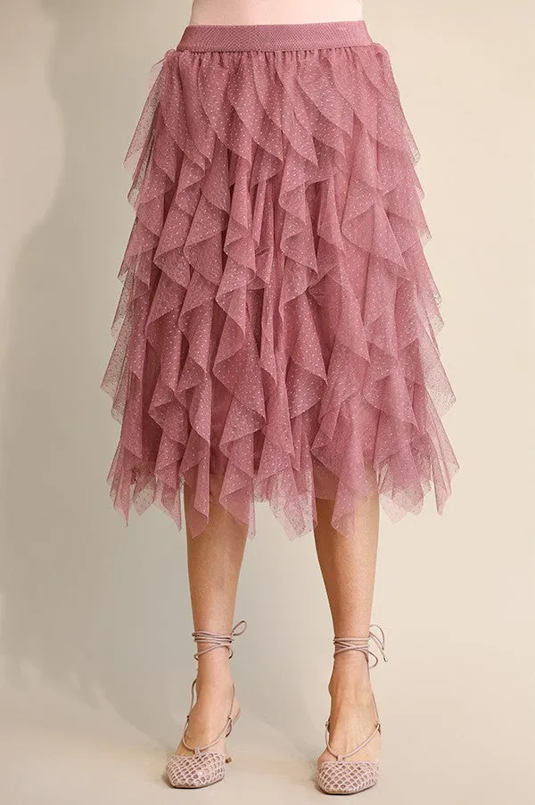 GiGio Ruffled Tulle Elastic Waist Midi Skirt