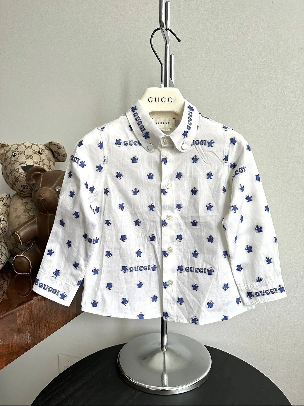 Gucci Baby White and Blue Logo Star Shirt - 12/18 M