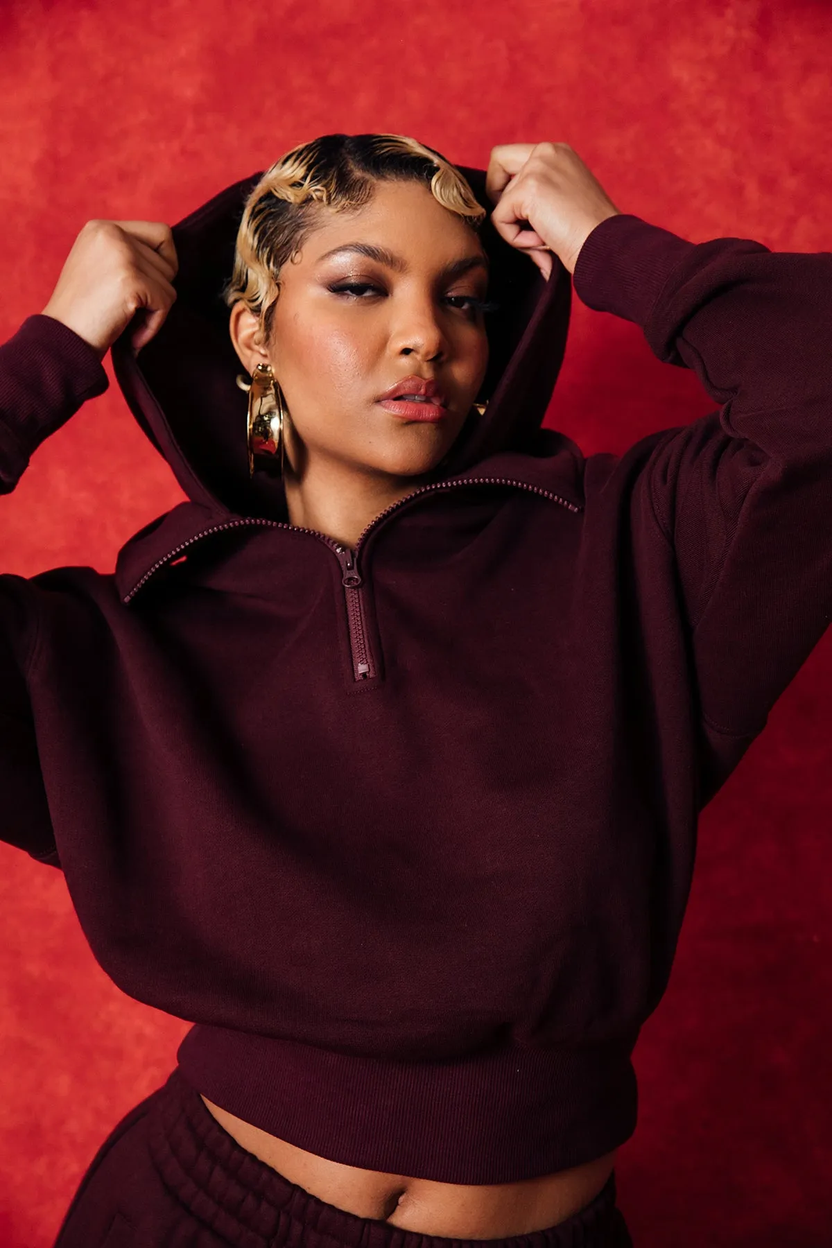 Kaia Logo Embroidered Cotton Half Zip Sweatshirt Hoodie - Burgundy