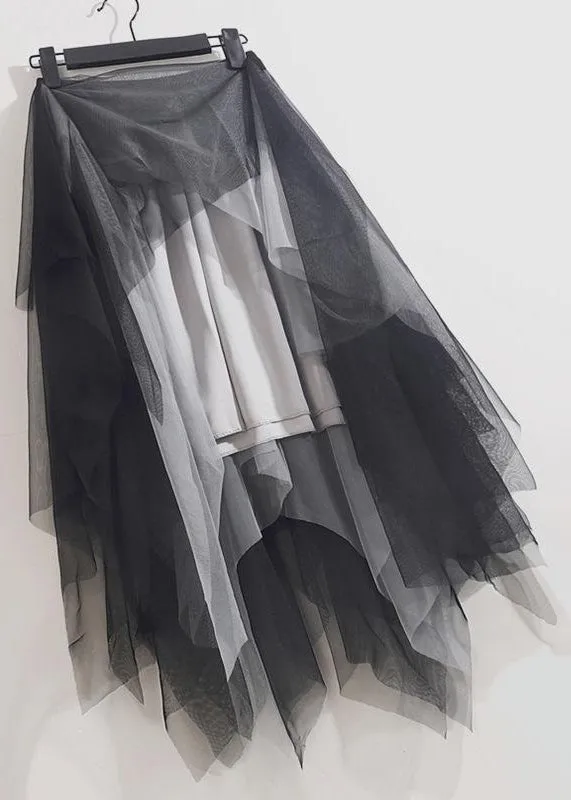 Loose Black Grey Asymmetrical Wrinkled Tulle Skirts Summer AS1061