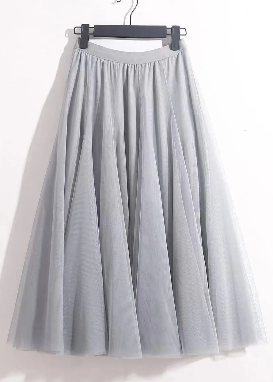 Loose Grey Solid Elastic Waist Tulle Skirts Summer AS1008