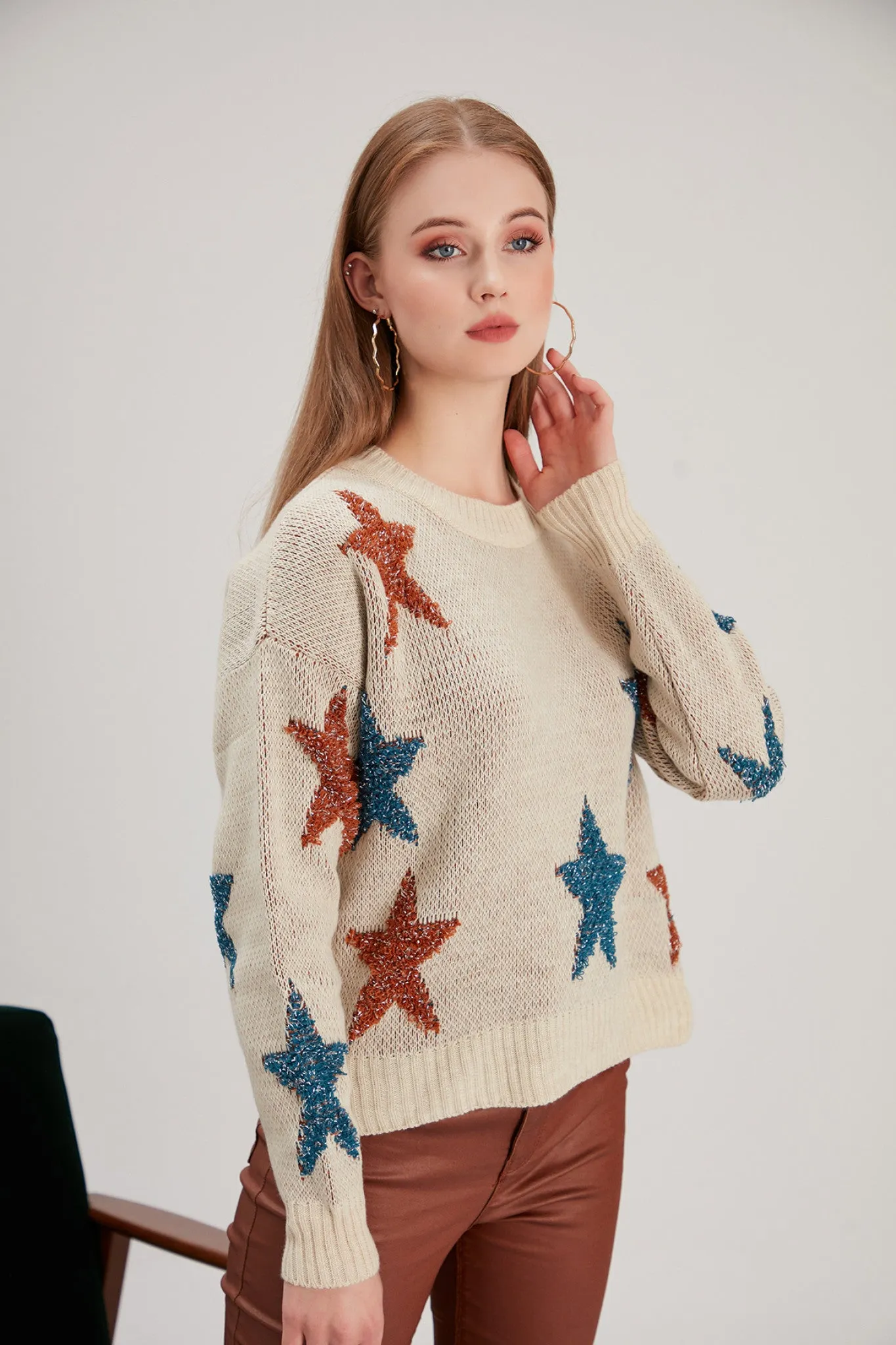 Love And Joy London Colourful Star Jumper In Stone Beige