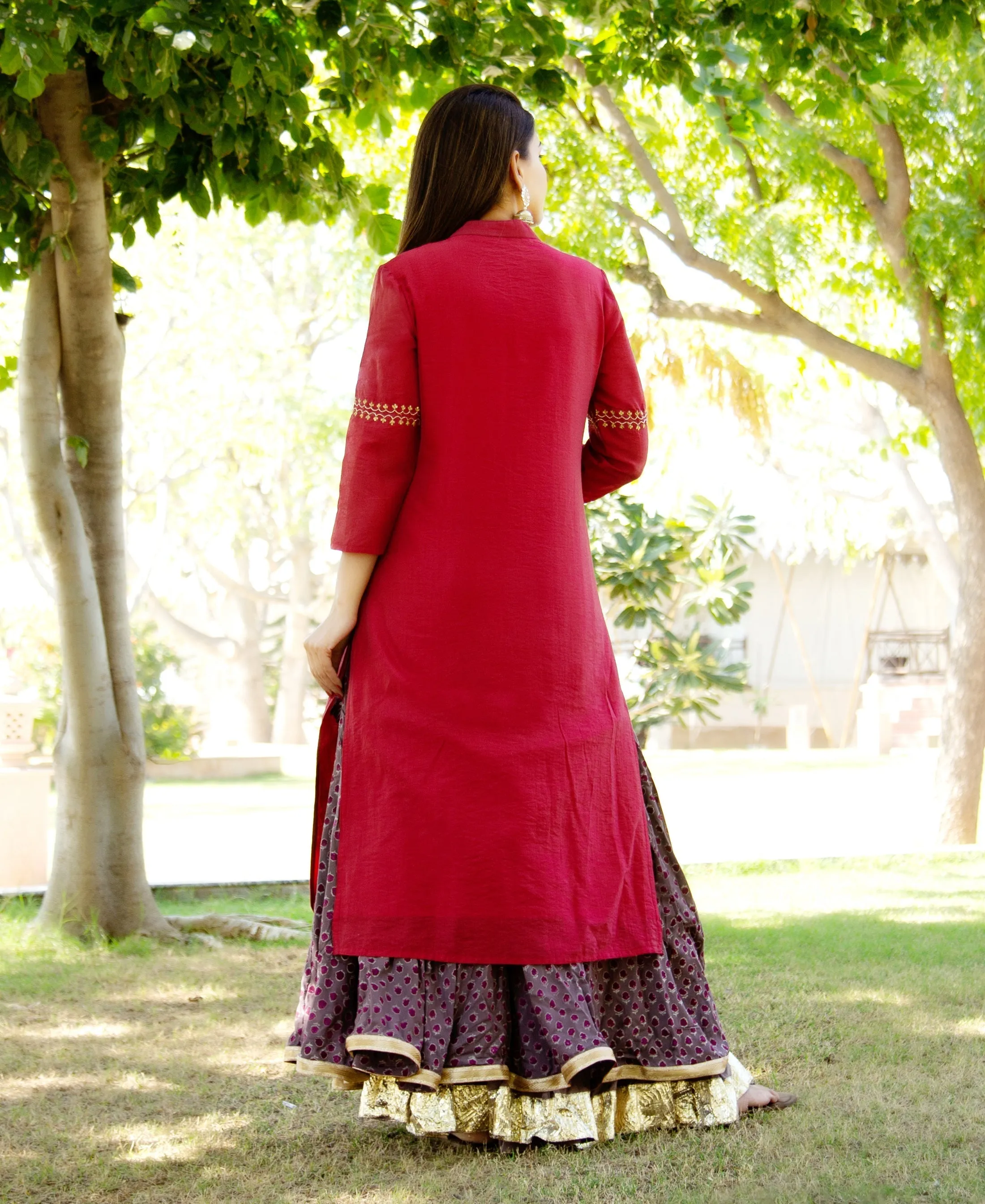 Maroon Embroidered Chanderi Kurta