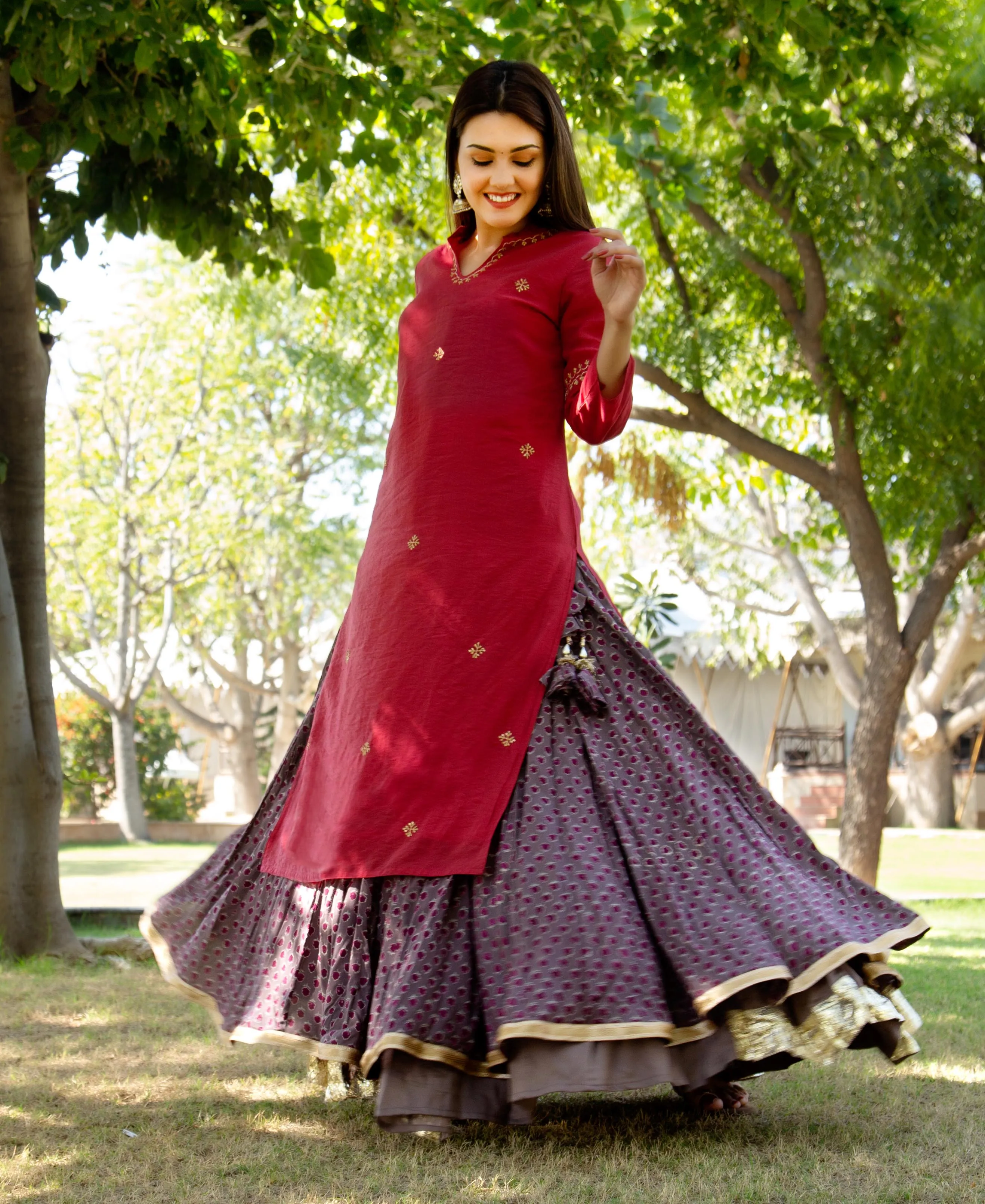 Maroon Embroidered Chanderi Kurta