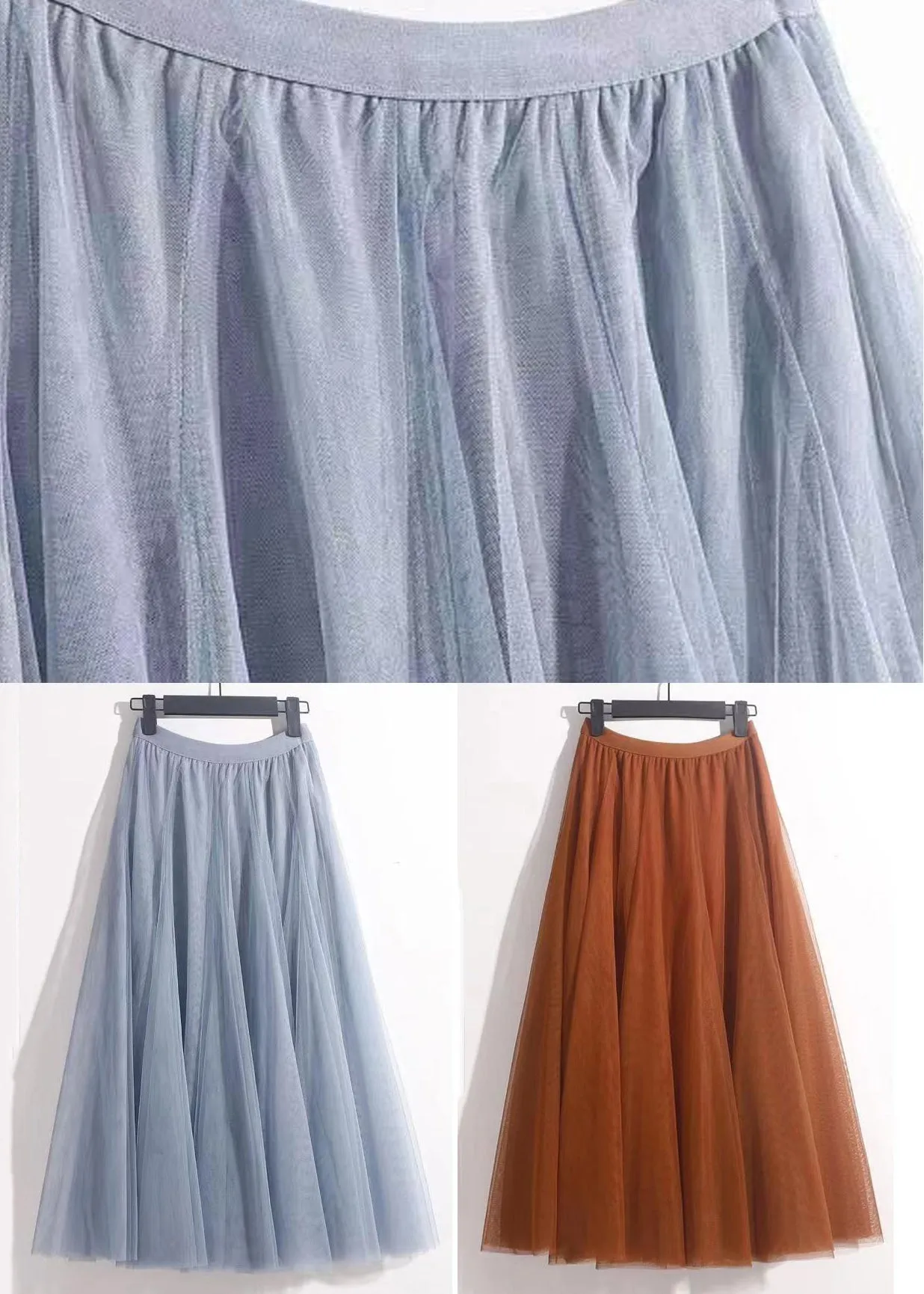 Orange Solid Wrinkled Tulle Summer Skirts High Waist AS1050