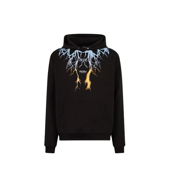 Phobia Black hooded sweatshirt for adults with two-tone blue-yellow print