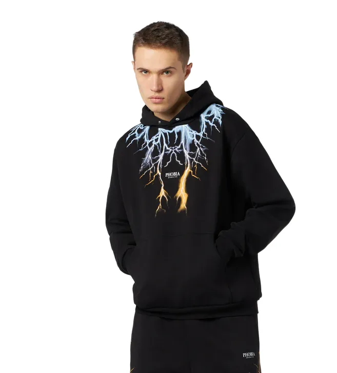 Phobia Black hooded sweatshirt for adults with two-tone blue-yellow print